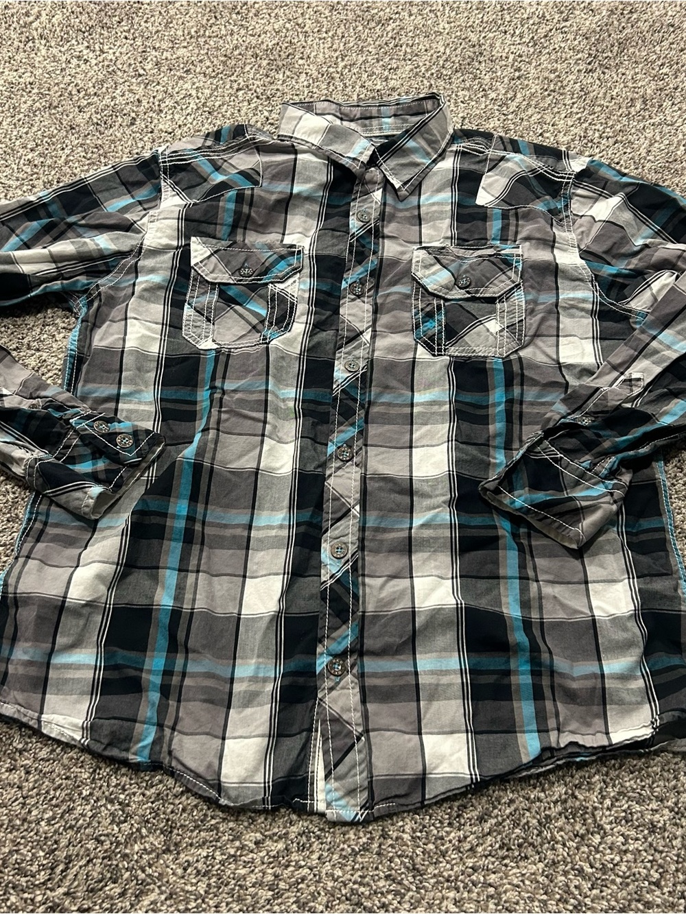 BKE Button Down Shirt Mens XL White Blue  Plaid Slim Fit Western 100% Cotton Y2K